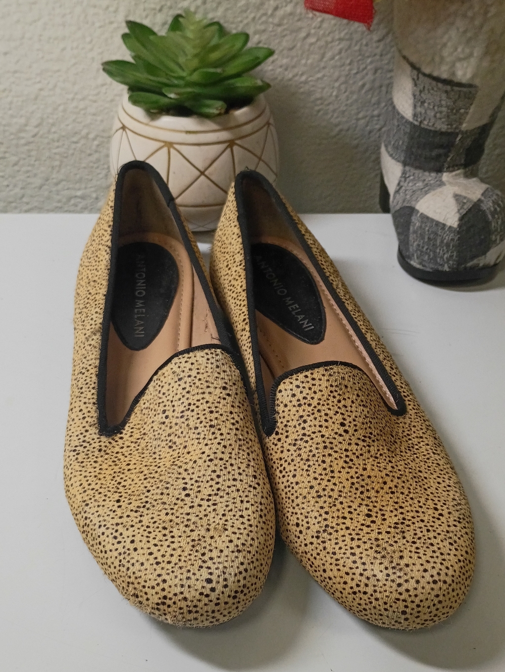 ANTONIO MELANI Tan Speckled Slip-On Loafers with Black Trim